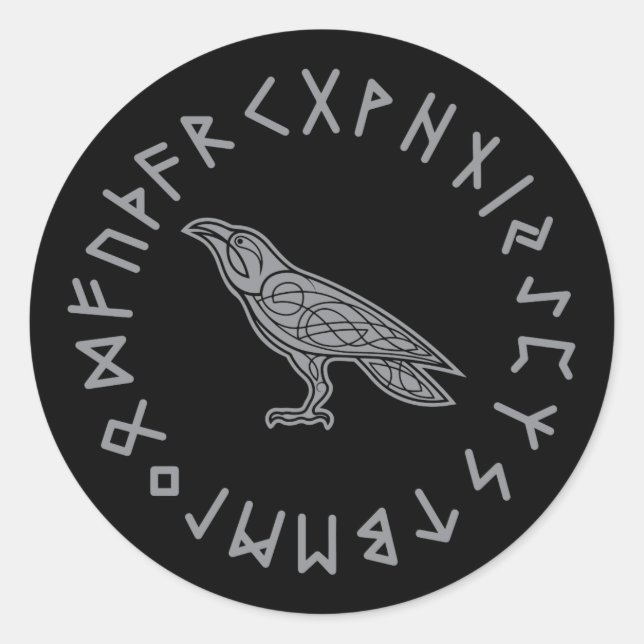 Odin Raven Crow Viking Mythology runes runic Classic Round Sticker (Front)