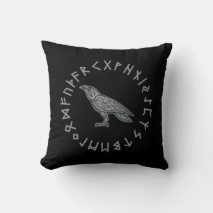 Odin Raven Crow Viking Mythology runes runic Throw Pillow