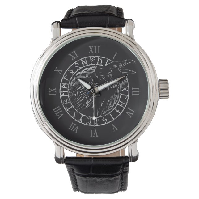 Odin Ravens Huginn Muninn Viking Runic Circle Watch (Front)