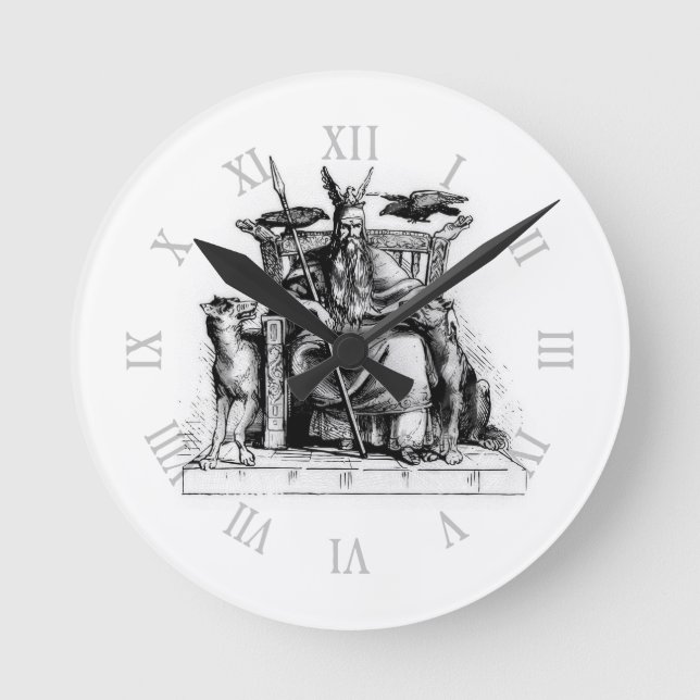 Odin ravens on his stone throne viking mythology round clock (Front)