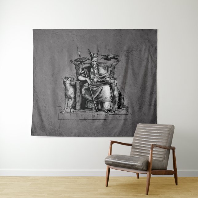 Odin ravens on his stone throne viking mythology tapestry (In Situ (Horizontal))