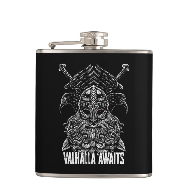 Odin ravens Viking Mythology Valhalla awaits Hip Flask (Front)