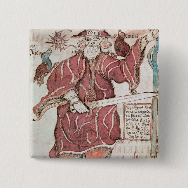 Odin, with his two crows, Hugin  and Munin 2 Inch Square Button (Front)