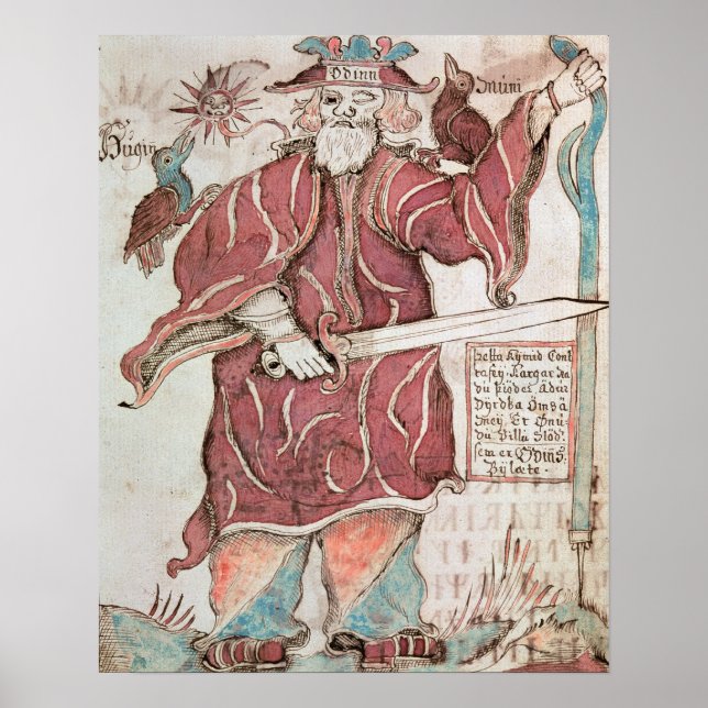 Odin, with his two crows, Hugin  and Munin Poster (Front)