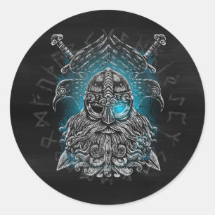 Odin with ravens and swords Viking Mythology blue Classic Round Sticker