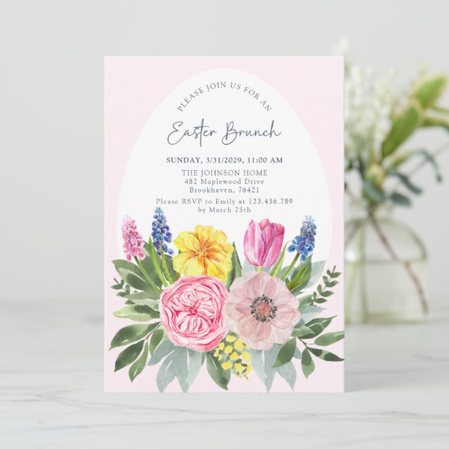 Oeuf de Pâques, Rose, Brunch Floral Invitation (Debout devant)