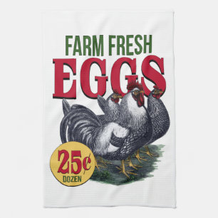 Oeufs frais de ferme, serviette de cuisine, coq