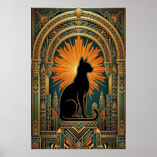 Œuvre d'art murale de chat noir Art Déco en soleil