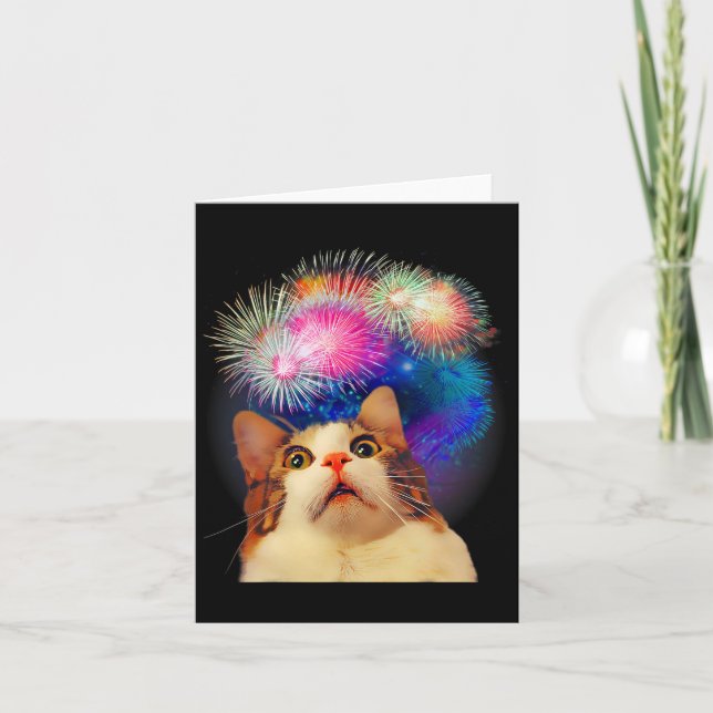 Of July Fireworks Enthraled Cat  Card (Front)