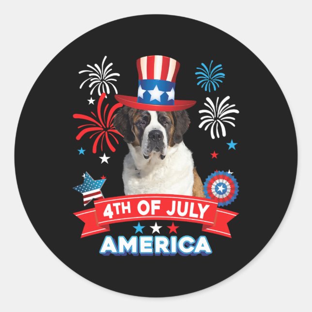 Of July Patriotic Day St. Bernard Dog Independence Classic Round Sticker (Front)