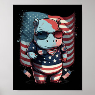 Of July Patriotic Hippo Us Flag Poster