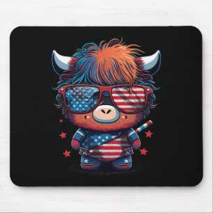 Of July Patriotic Scottish Highland Cow Us Flag  Mouse Pad