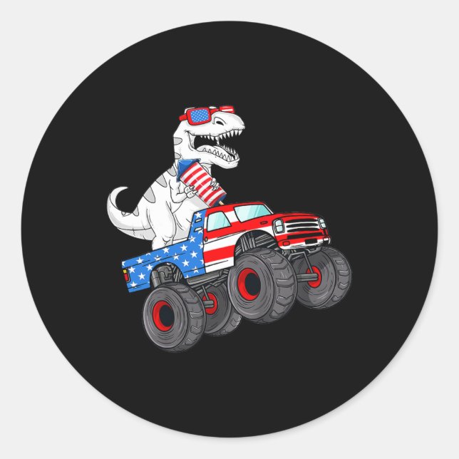 Of July T Rex Dino Trex Dinosaur Monster Truck Fir Classic Round Sticker (Front)