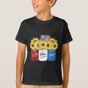 Of July Wife Mom Nana Sunflower With American Flag T-Shirt