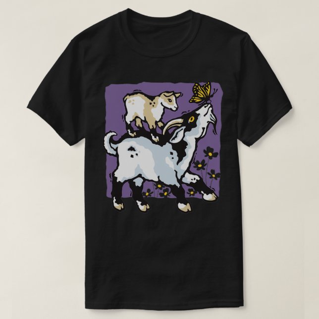 of Pygmy Goats and Butterfly on Purple  T-Shirt (Design Front)
