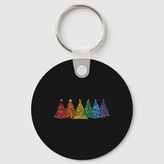 Of Six Lgbtq Pride Rainbow Christmas Trees Vector  Keychain (Front)