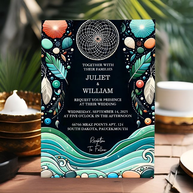 Of Tribal Aqua Sand Work Stacked Sea Glass Wedding Invitation (Creator Uploaded)
