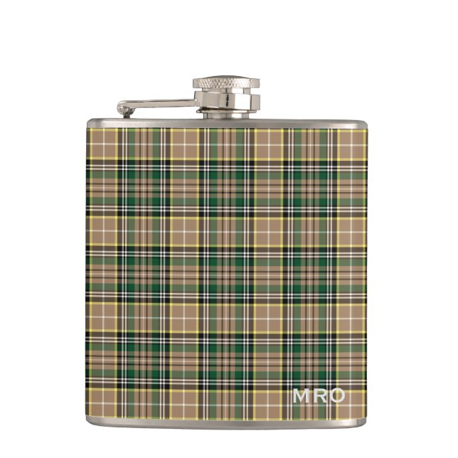 O'Farrell Tartan Monogram Green and Tan Plaid Hip Flask (Front)