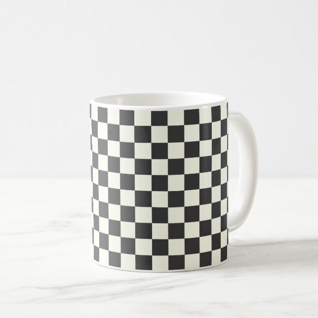Off Black and Off White Chequerboard Coffee Mug (Front Right)