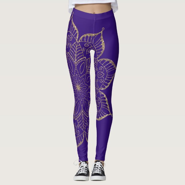 Off-Centred Gold Faux Glitter Mandala on Purple Leggings (Front)