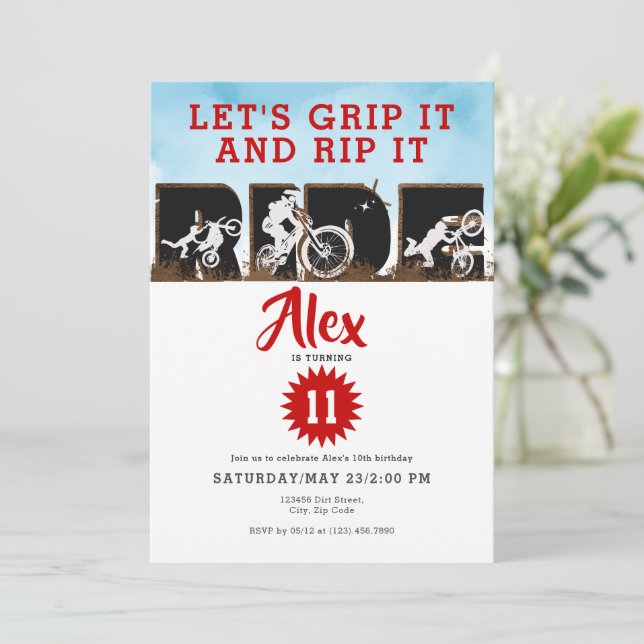 Off Road Adventure Dirt Bike Motocross Birthday Invitation (Standing Front)