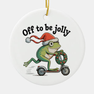 Off To Be Jolly Christmas Xmas Funny Frog Scooter Ceramic Ornament