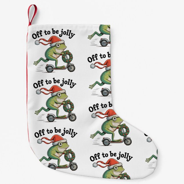 Off To Be Jolly Christmas Xmas Funny Frog Scooter Small Christmas Stocking (Front)