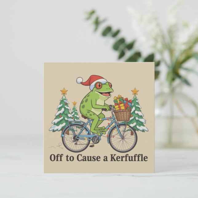 Off To Cause A Kerfuffle Frog Christmas Funny Meme Holiday Card (Standing Front)