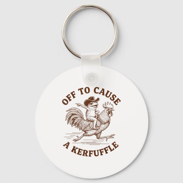 Off To Cause A Kerfuffle Funny Cowboy Frog Riding  Keychain (Front)