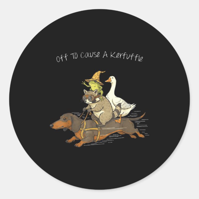 Off to cause a kerfuffle funny dachshund frog classic round sticker (Front)