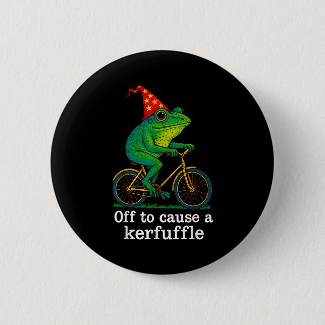 Off To Cause A Kerfuffle Funny Frog Wizard Bicycle 2 Inch Round Button (Front)