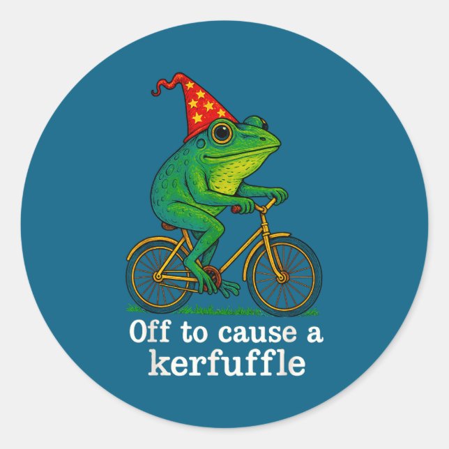 Off To Cause A Kerfuffle Funny Frog Wizard Bicycle Classic Round Sticker (Front)