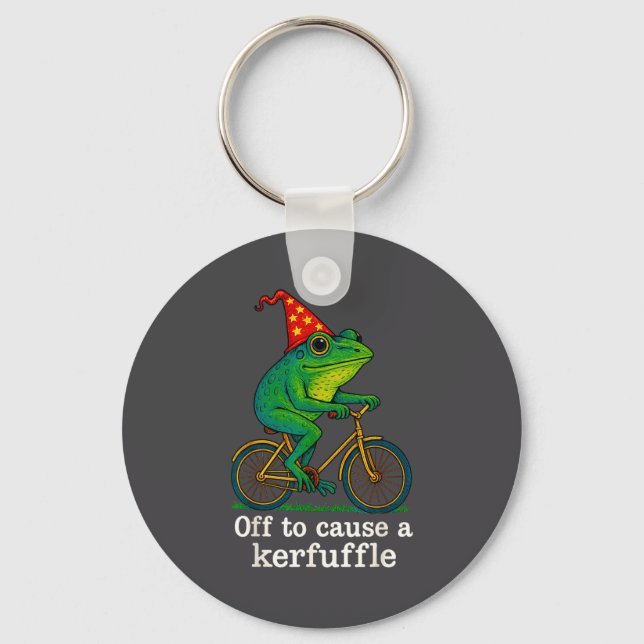 Off To Cause A Kerfuffle Funny Frog Wizard Bicycle Keychain (Front)