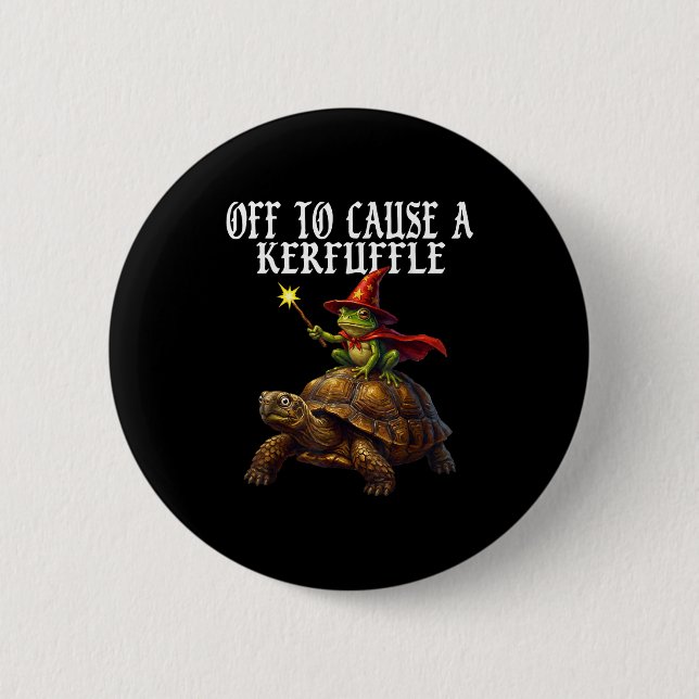 Off To Cause A Kerfuffle Funny Whimsical Frog Wiza 2 Inch Round Button (Front)