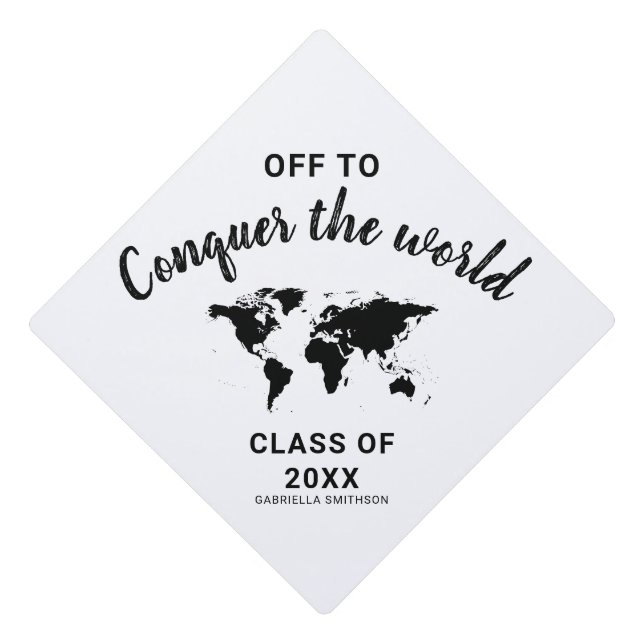 Off to Conquer the World Map White Graduation Cap Topper (Front)