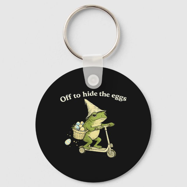 Off to Hide the Eggs Funny Frog Scooter Easter Day Keychain (Front)