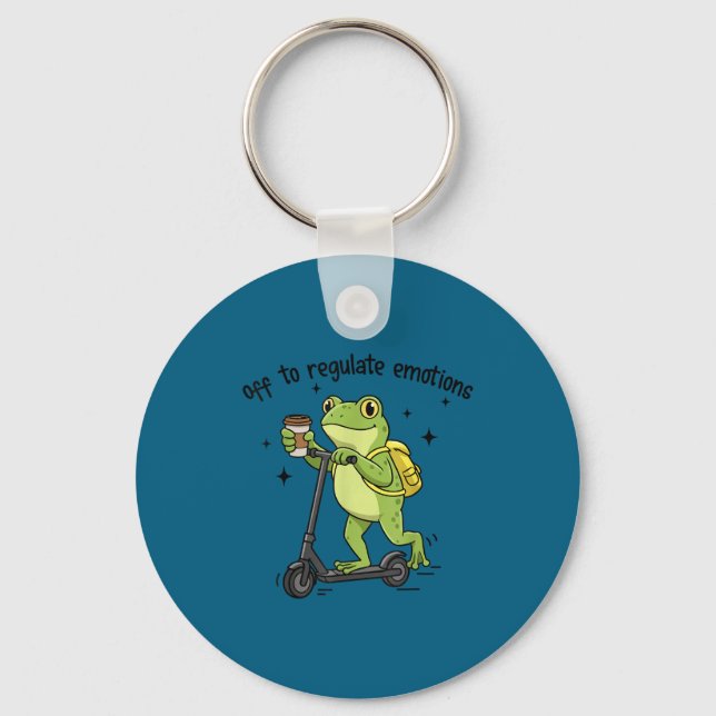 Off to regulate emotions funny frog on scooter  keychain (Front)