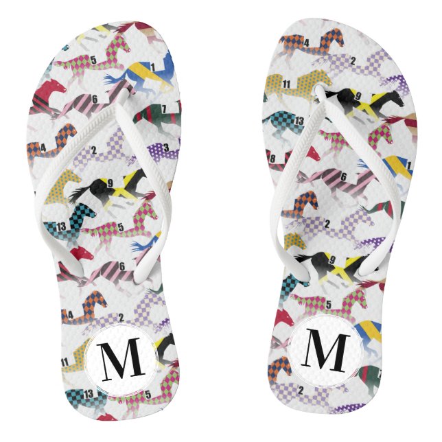 Off to the Horse Races Jockey Silk Pattern Flip Flops (Footbed)