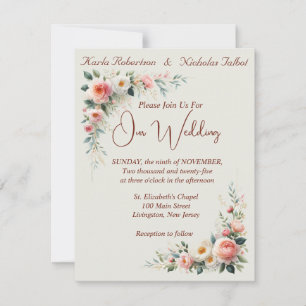 Off White & Cinnamon Floral Wedding Invitation