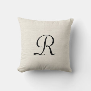 Off White Faux Burlap Black Monogram Throw Pillow