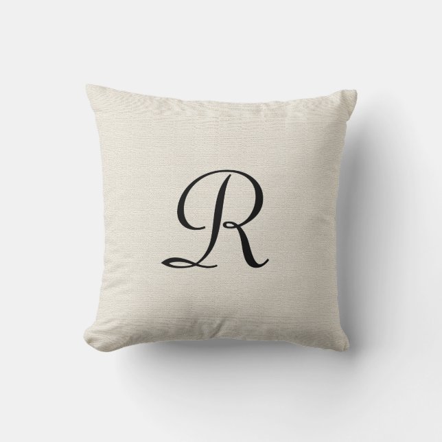 Off White Faux Burlap Black Monogram Throw Pillow (Front)