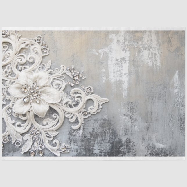 Off White Floral Lace Embroidered Silver Patina Tissue Paper (Front)