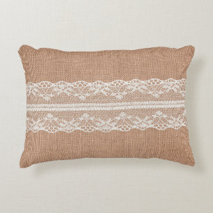 Off-White Lace on Brown Burlap Texture Accent Pillow