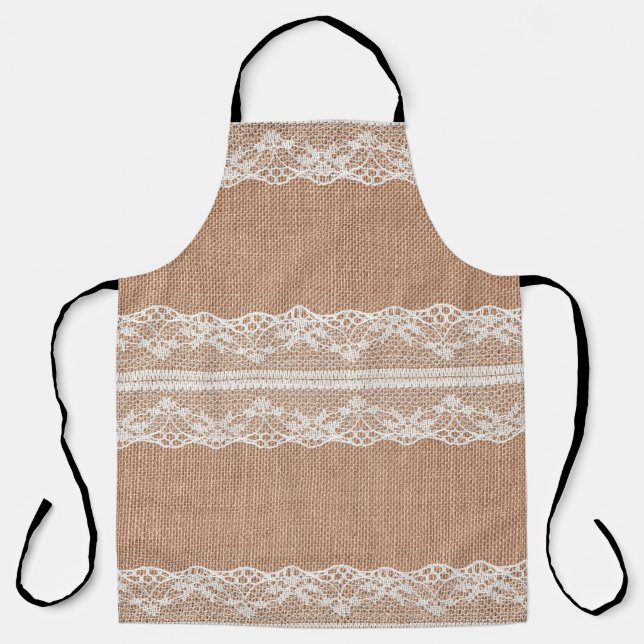 Off-White Lace on Brown Burlap Texture Apron (Front)