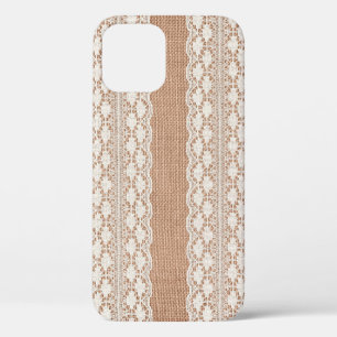 Off-White Lace on Brown Burlap Texture iPhone 12 Case