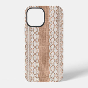 Off-White Lace on Brown Burlap Texture iPhone 12 Case