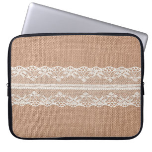 Off-White Lace on Brown Burlap Texture Laptop Sleeve