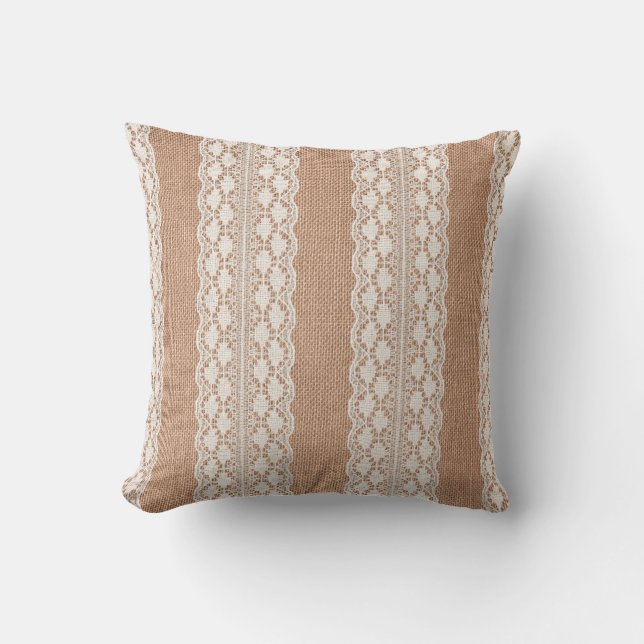 Off-White Lace on Brown Burlap Texture Throw Pillow (Front)