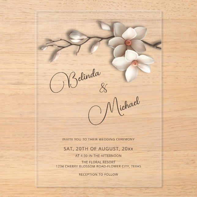 Off White Magnolia Raised Effect Flower Wedding Acrylic Invitations (Front)