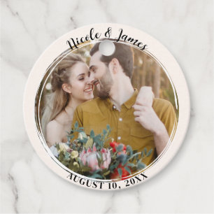 Off White Minimal Trendy Round Photo Wedding  Favour Tags